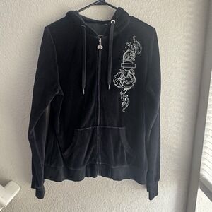 Y2K Harley Davidson women Large Velour bling Zip up Hoodie Embroidered *